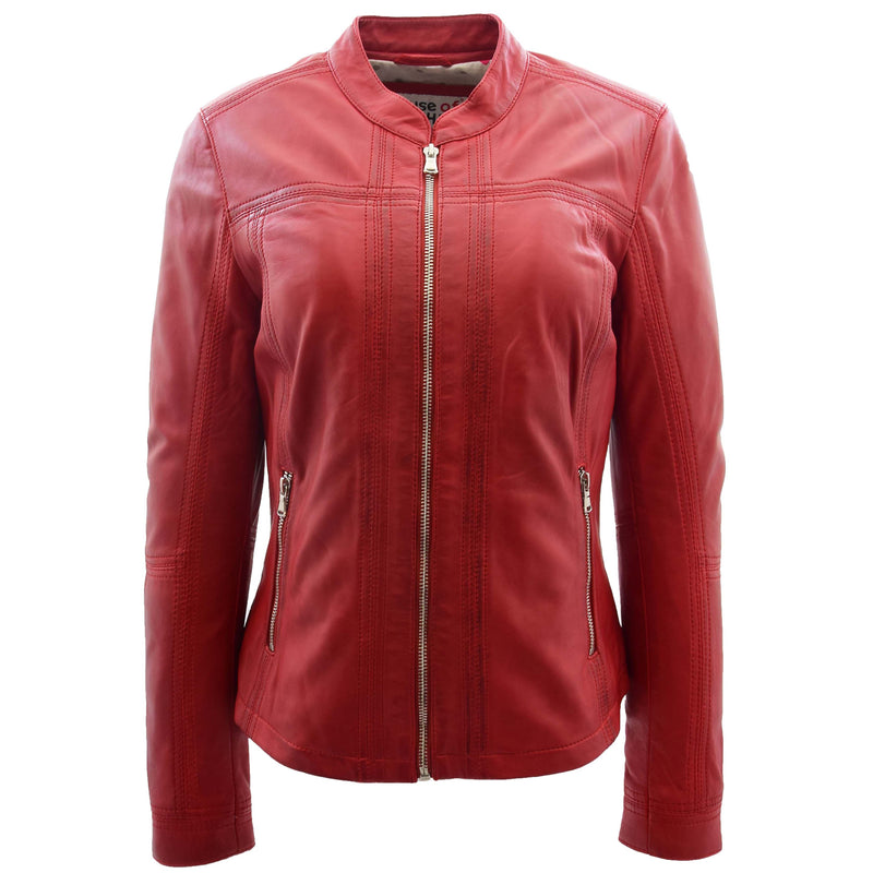 Womens Leather Classic Biker Style Jacket Tayla Red 8