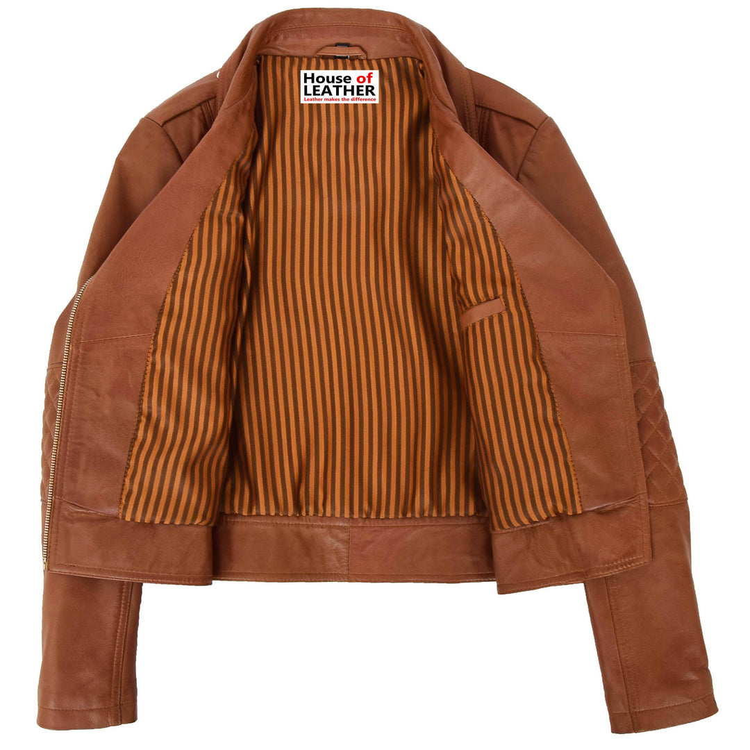 Womens Real Leather Biker Cross Zip Fashion Jacket Remi Tan 6