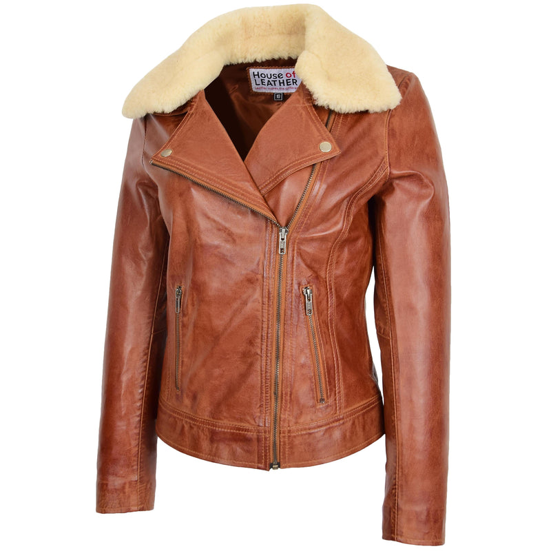 Womens Leather Biker Jacket with Detachable Sheepskin Collar Lauren Chestnut 3