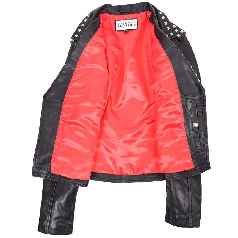 Womens Leather Studded Brando Style Jacket Salma Black 5
