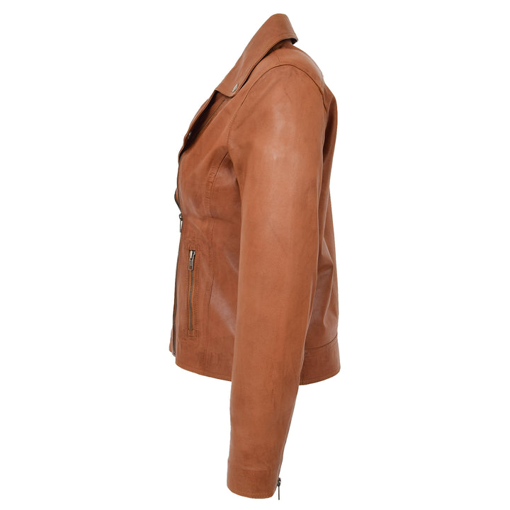 Womens Soft Leather Cross Zip Biker Jacket Lola Tan 5