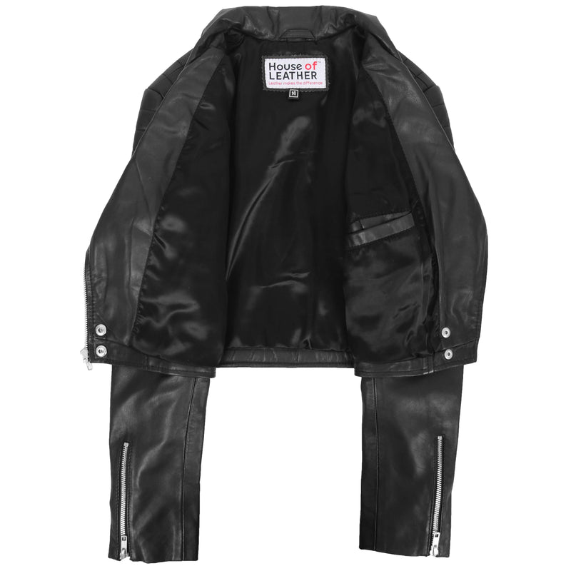 Womens Leather Cropped Biker Style Jacket Demi Black 6