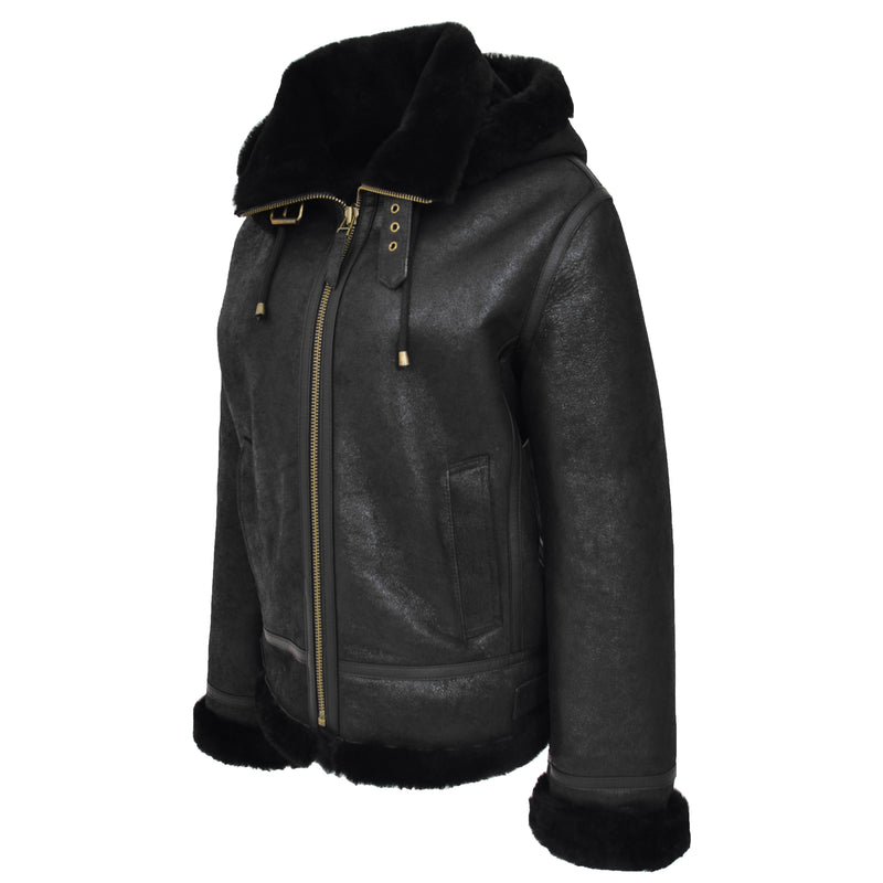 Womens Sheepskin B3 Detachable Hoodie Jacket Naomi Black 5