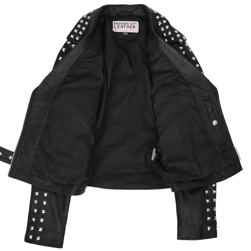 Womens Real Leather Biker Jacket Studded Brando Jacket Heidi Black 6