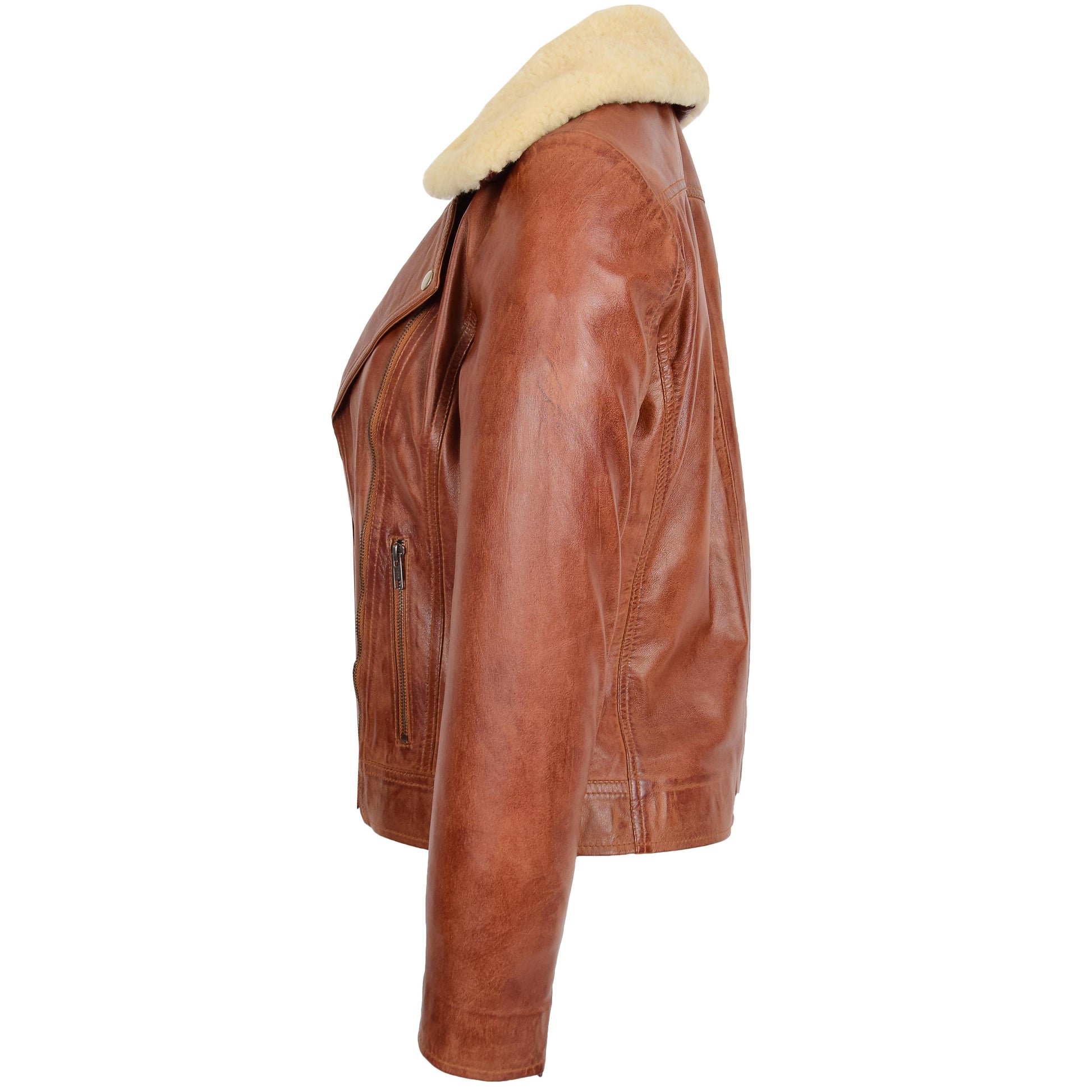 Womens Leather Biker Jacket with Detachable Sheepskin Collar Lauren Chestnut 4