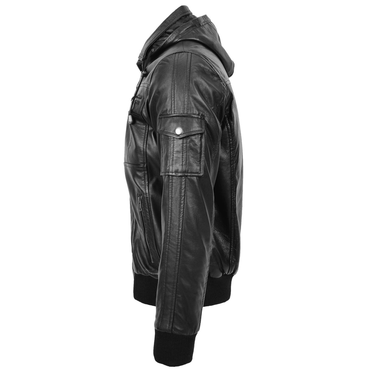 Mens Leather Bomber Jacket with Hoodie Bronx Black 5