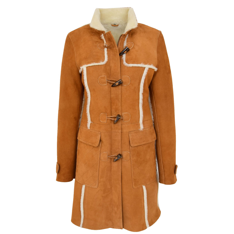 Womens Sheepskin Duffle Coat 3/4 Length Parka Beth Tan White 2