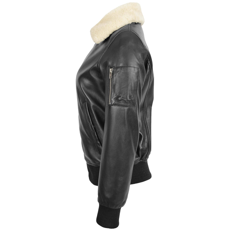 Womens Leather Bomber Jacket Removable Collar Thea Black 4