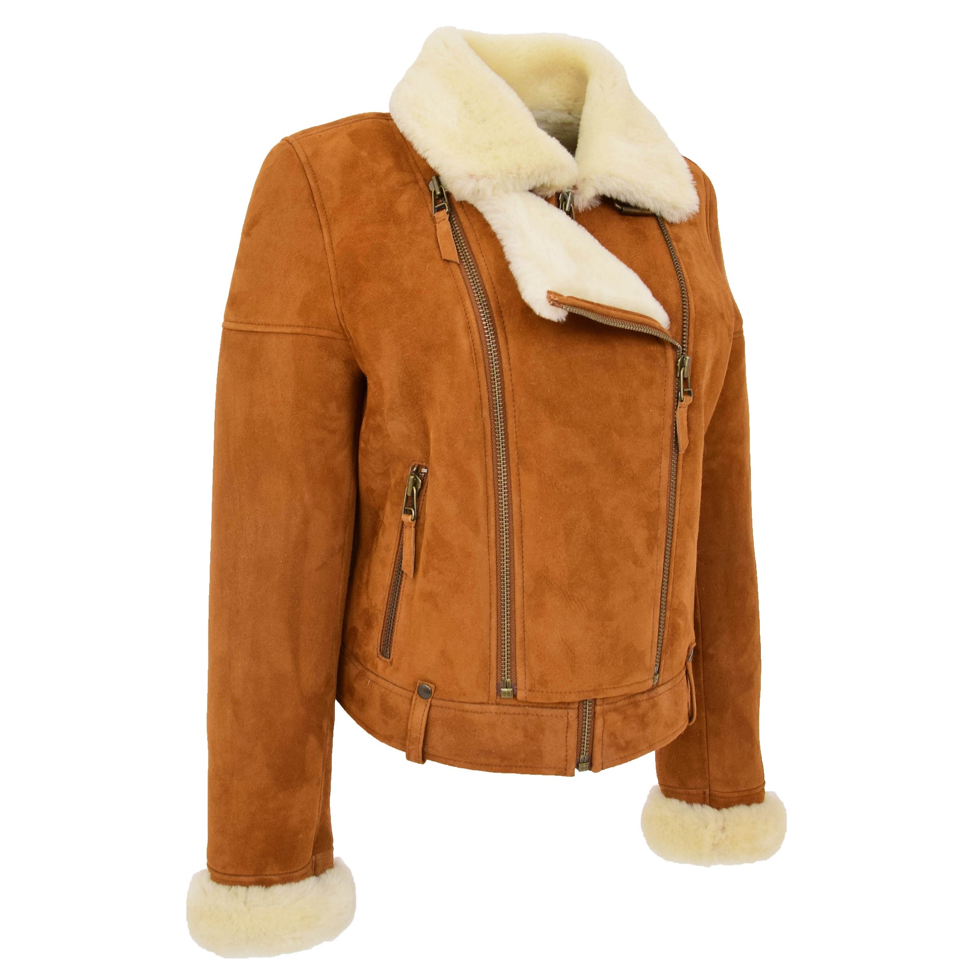 Womens Sheepskin Aviator Pilot Jacket Nora Tan White 5