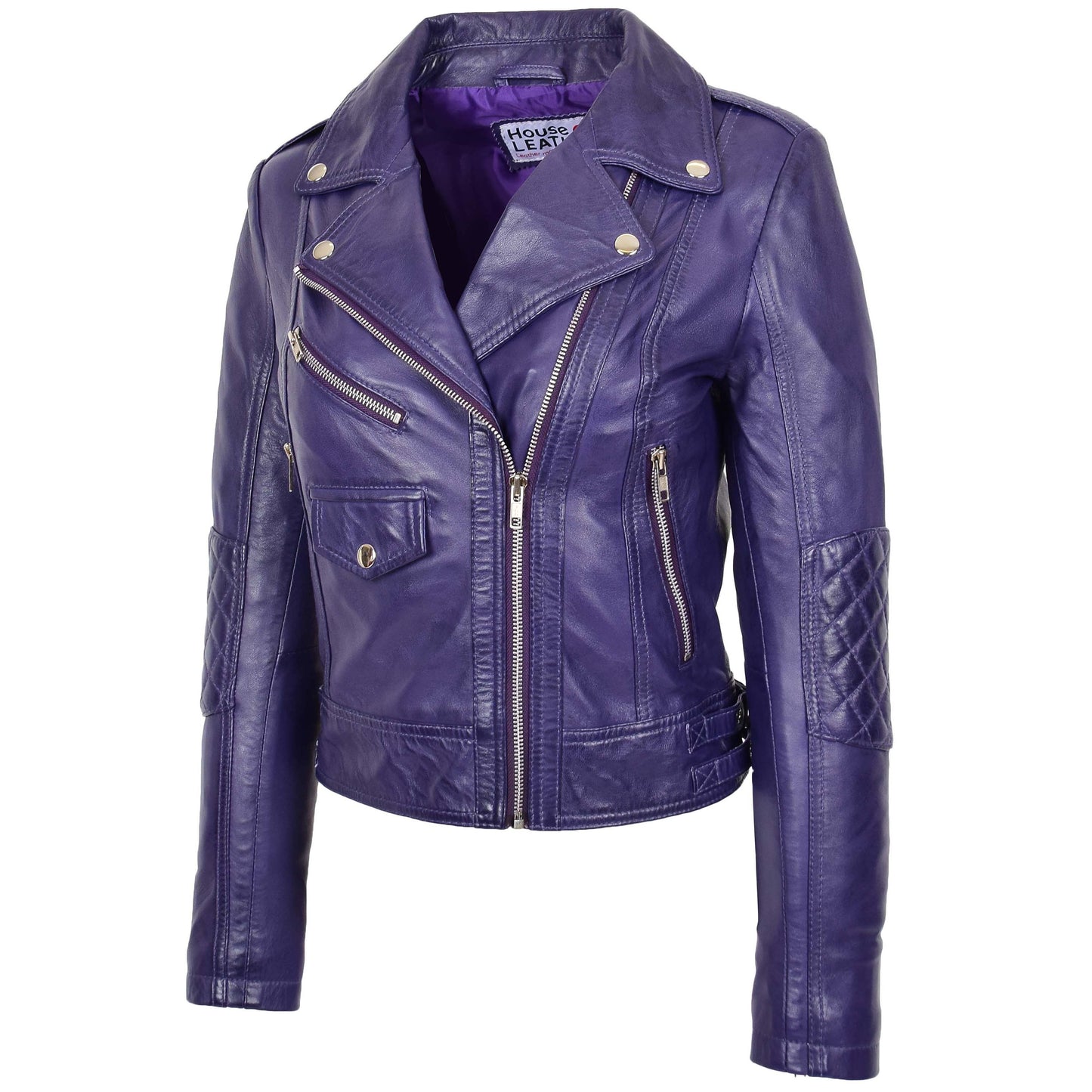 Womens Real Leather Biker Cross Zip Fashion Jacket Remi Purple 6