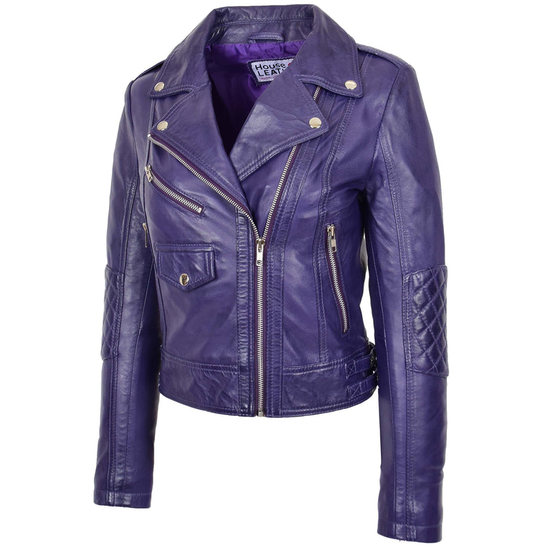 Womens Real Leather Biker Cross Zip Fashion Jacket Remi Purple 6