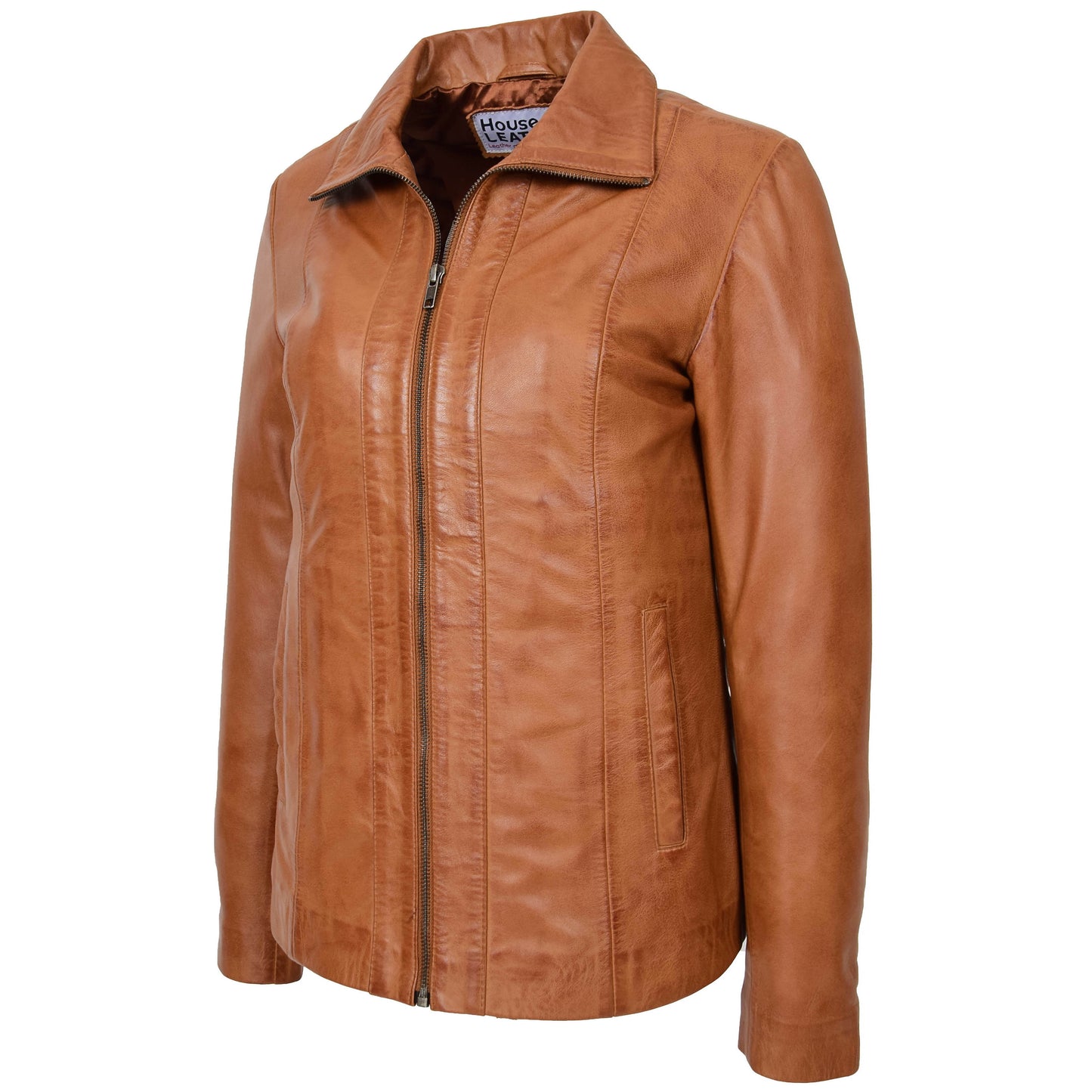 Womens Classic Zip Fastening Leather Jacket Julia Tan 3