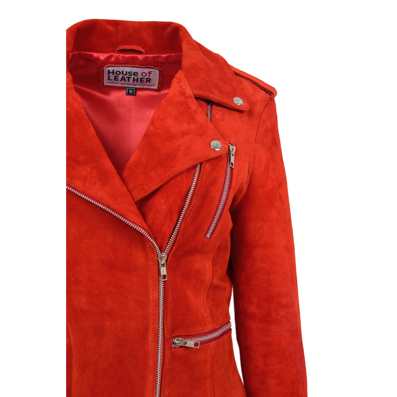 Womens Suede Biker Style Zip Jacket Skylar Red 6
