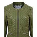 Womens Leather Collarless Jacket with Quilt Design Joan Olive Green 6