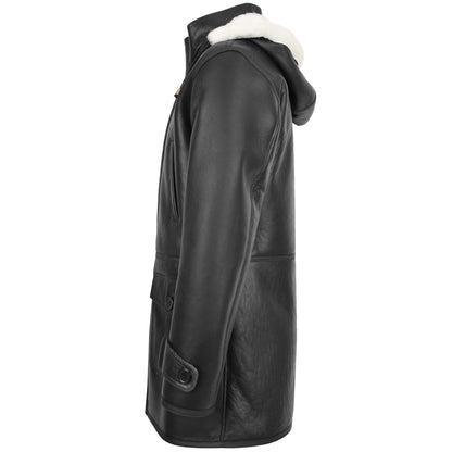 Mens Real Sheepskin Duffle Hooded Coat Vincent Black White 4