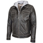 Mens Leather Detachable Hoodie Work Jacket Cypher Grey 3