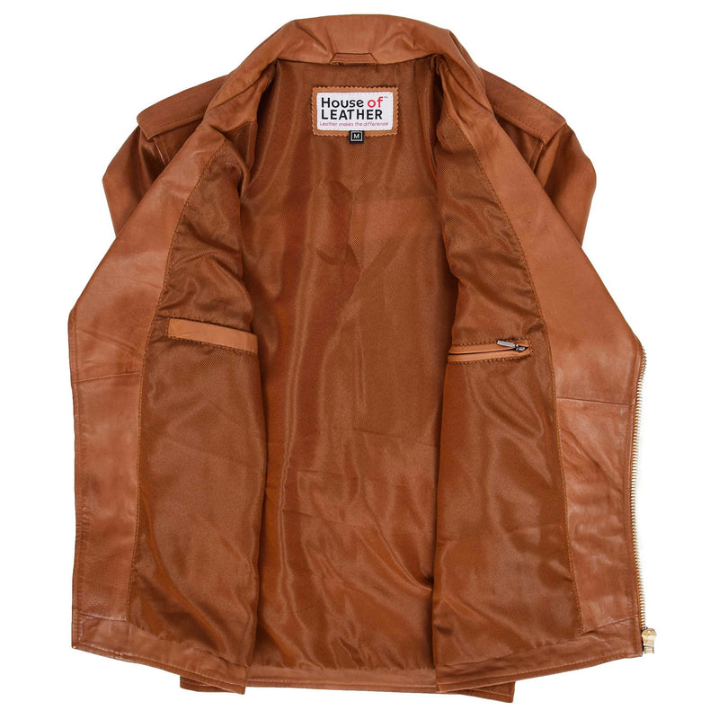 Mens Leather Biker Jacket Brando Style Johnny Tan 5
