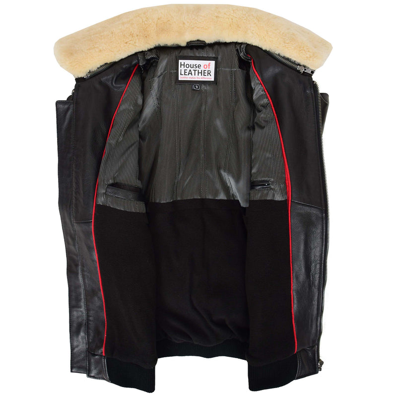 Mens Bomber Leather Jacket with Sheepskin Collar Viggo Black 5