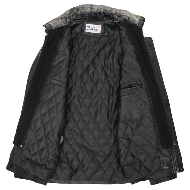 Mens Leather Classic Coat Detachable Collar Roman Black 5