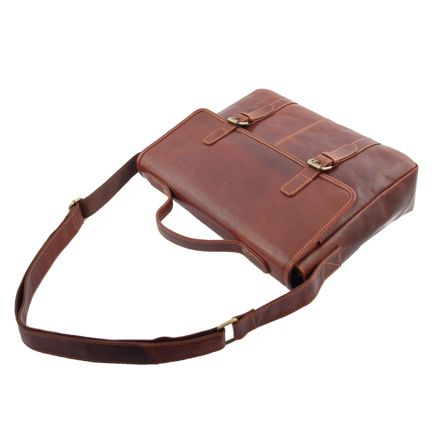 Mens Leather Cross Body Flap Over Briefcase Marland Brown 4