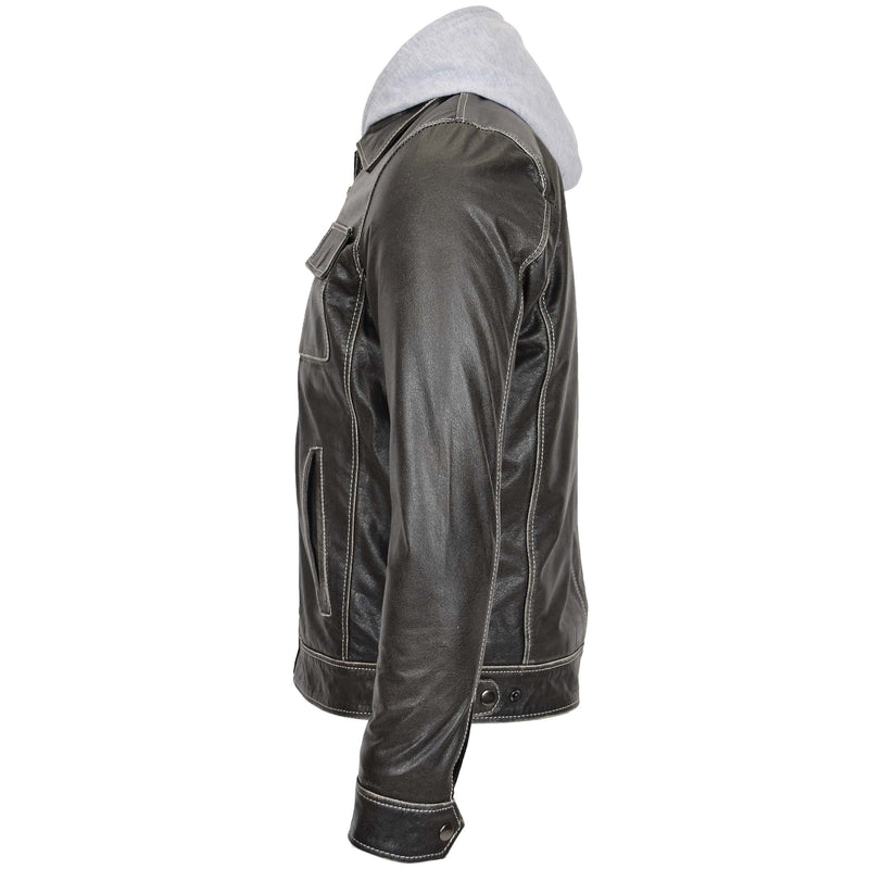 Mens Leather Detachable Hoodie Work Jacket Cypher Grey 4