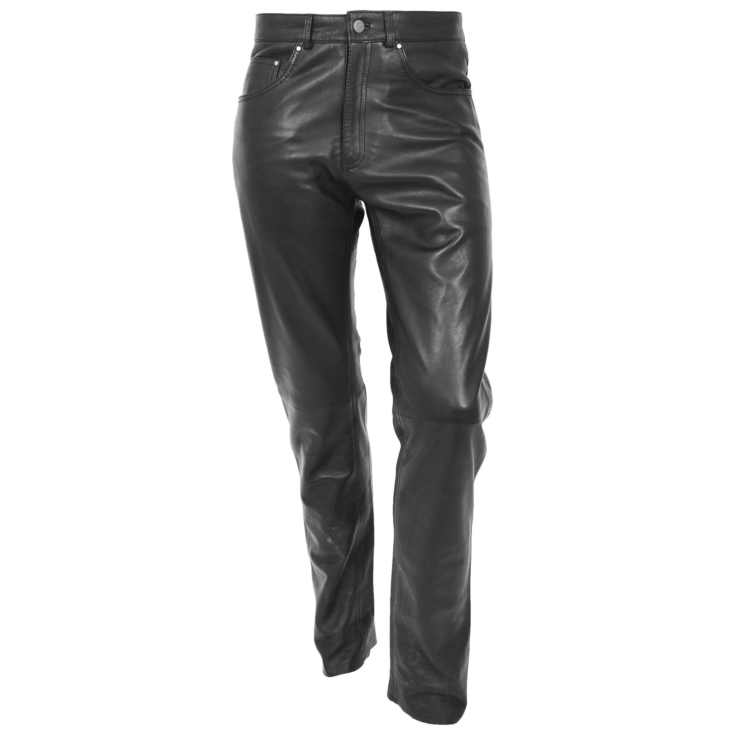 Mens Leather Trousers Straight Leg Classic Casual Jeans Black