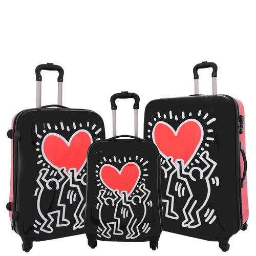 Four Wheels Big Heart Shape Printed Suitcase H820 Black