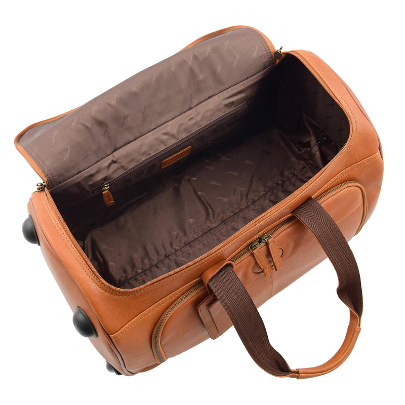 Real Leather Wheeled Holdall Duffle Bag Combrew Tan Open
