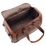 Real Leather Wheeled Holdall Duffle Bag Combrew Brown Open