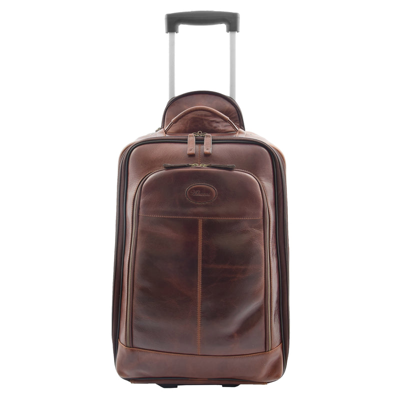 Real Leather Cabin Suitcase Wheeled Trolley Newton Brown