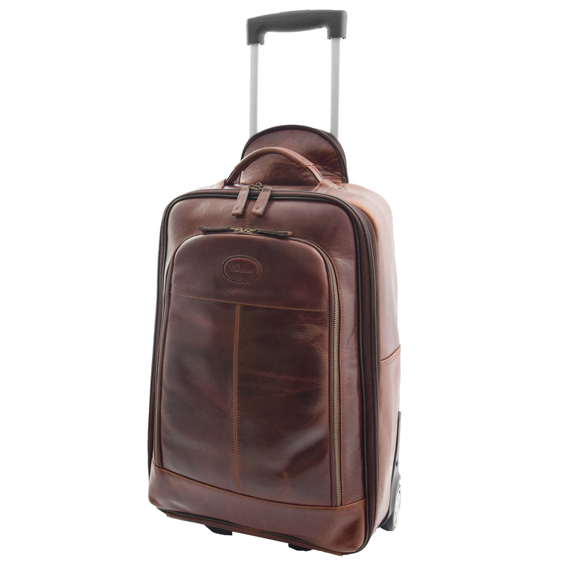 Real Leather Cabin Suitcase Wheeled Trolley Newton Brown Front