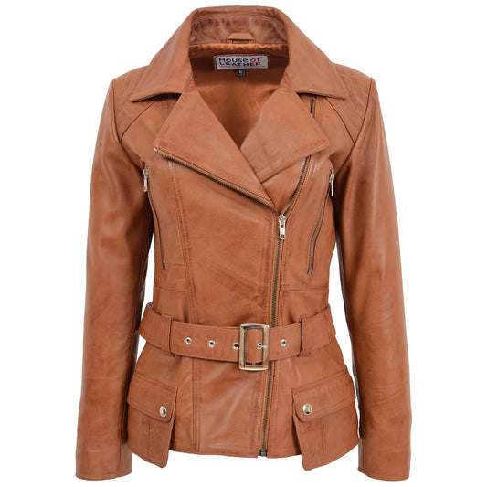 Womens Leather Hip Length Biker Jacket Celia Tan