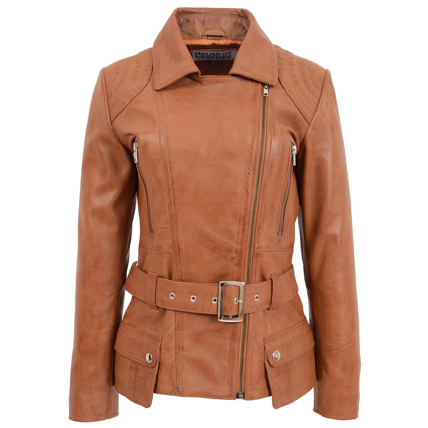 Womens Leather Hip Length Biker Jacket Celia Tan 2