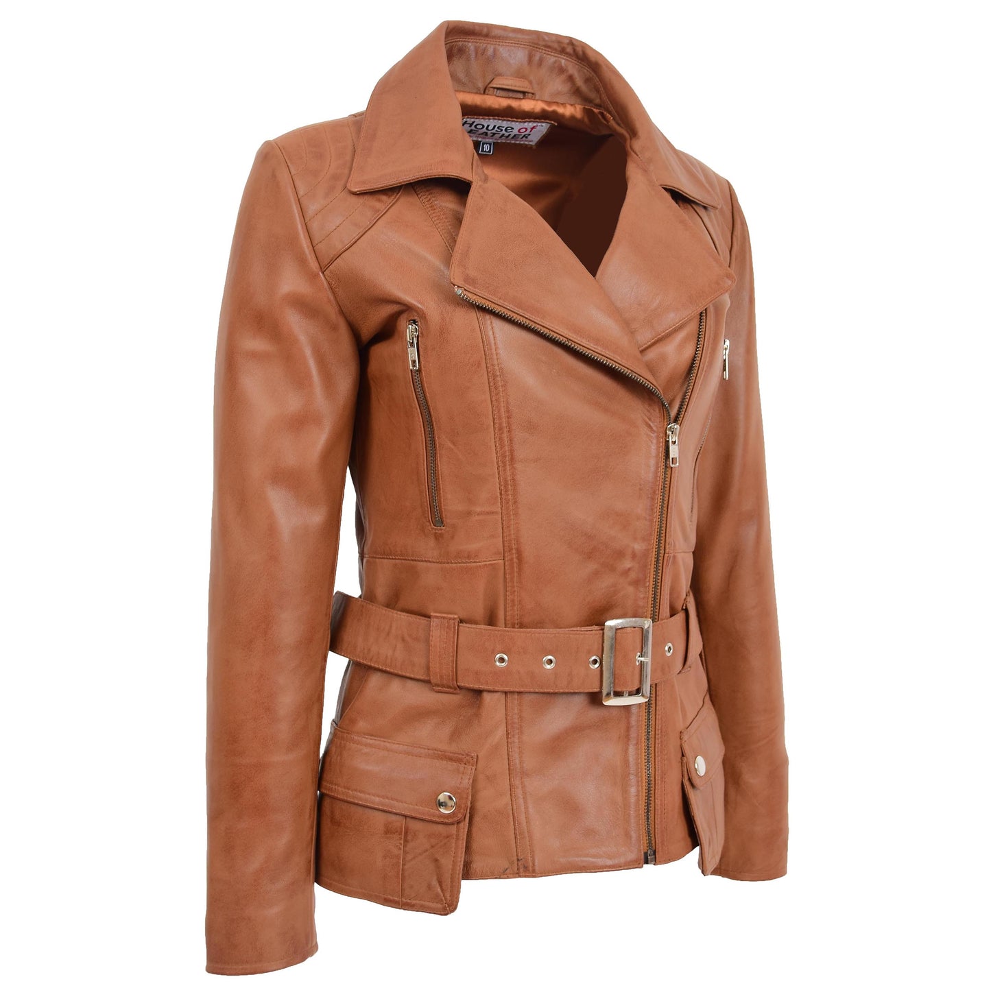 Womens Leather Hip Length Biker Jacket Celia Tan 4