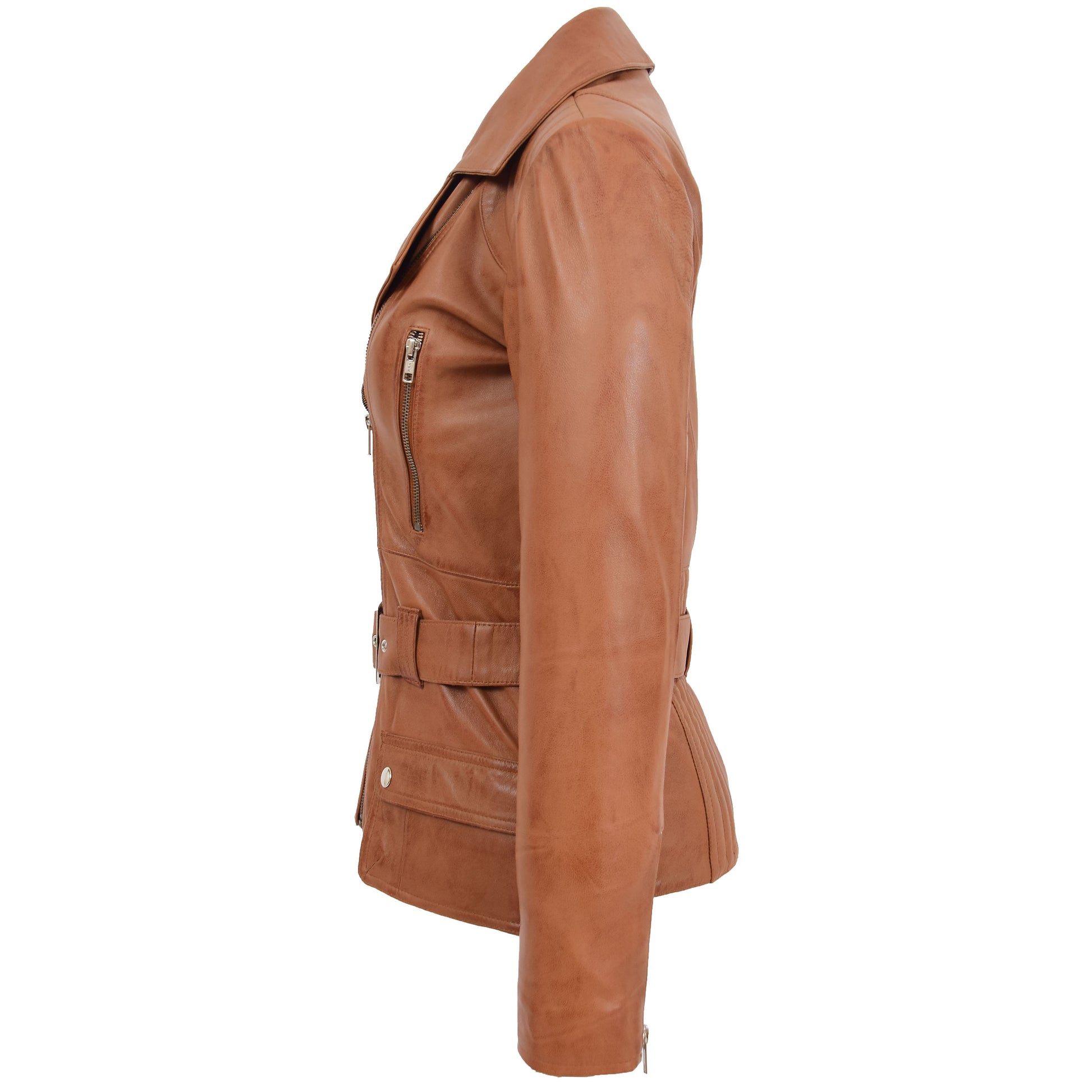 Womens Leather Hip Length Biker Jacket Celia Tan 5