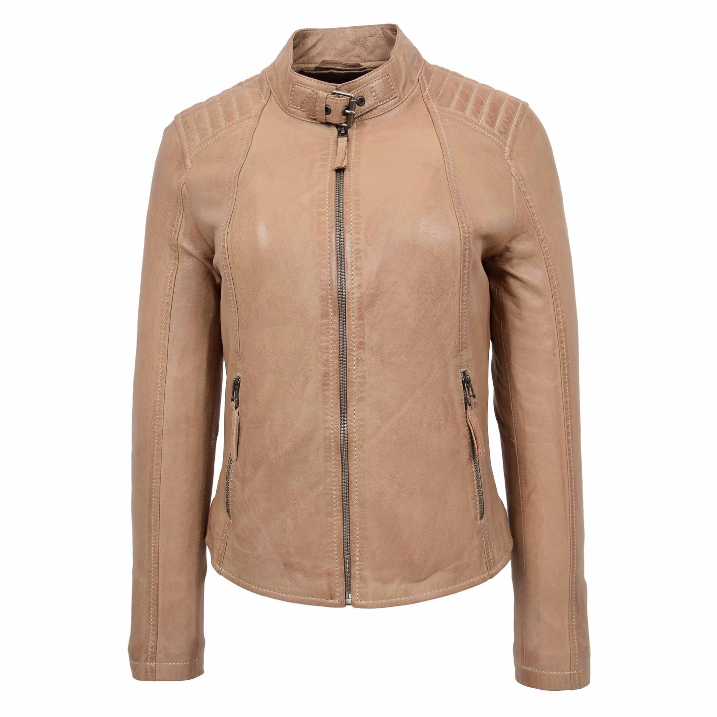 Womens Real Leather Classic Biker Jacket Sophia Beige 2