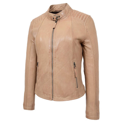 Womens Real Leather Classic Biker Jacket Sophia Beige 3