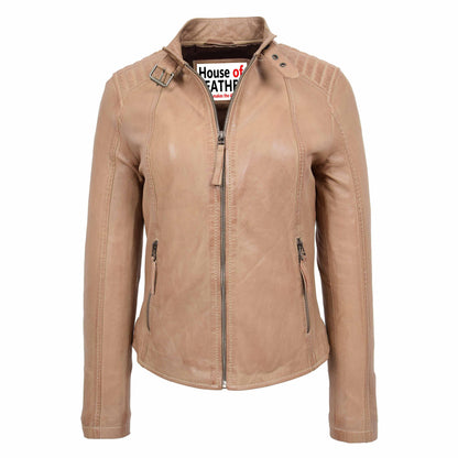 Womens Real Leather Classic Biker Jacket Sophia Beige