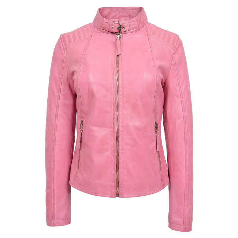 Womens Real Leather Classic Biker Jacket Sophia Baby Pink 2