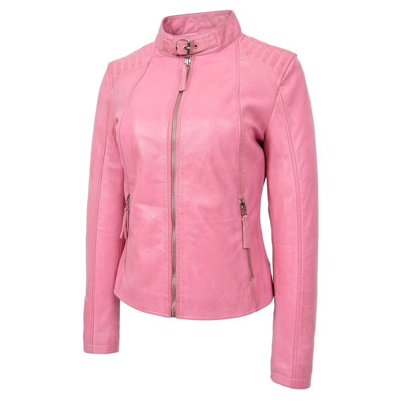 Womens Real Leather Classic Biker Jacket Sophia Baby Pink 3