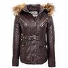 Womens Leather Parka Coat Detachable Hoodie Layla Brown