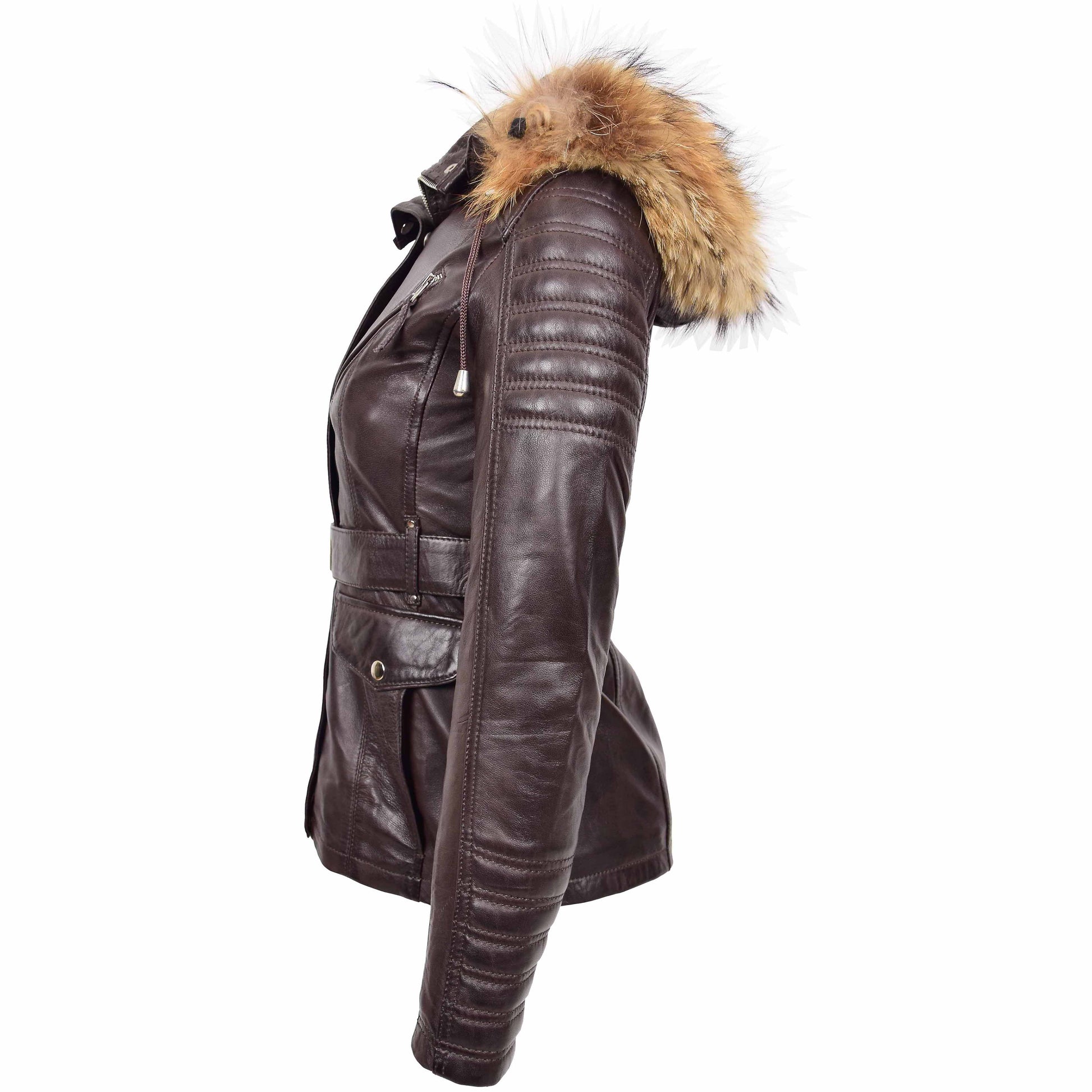 Womens Leather Parka Coat Detachable Hoodie Layla Brown 4