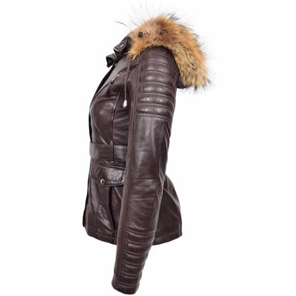 Womens Leather Parka Coat Detachable Hoodie Layla Brown 4