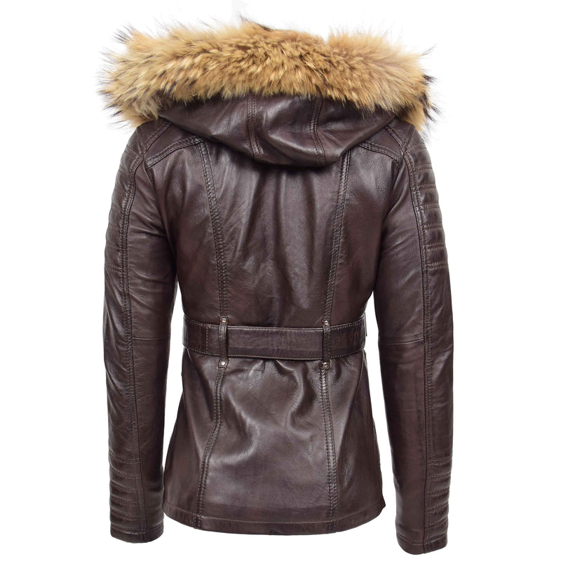 Womens Leather Parka Coat Detachable Hoodie Layla Brown 1