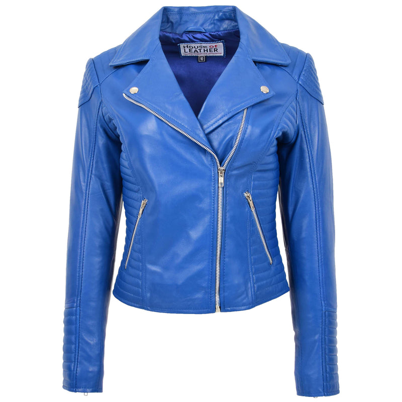 Womens Soft Leather Cross Zip Biker Jacket Anna Blue