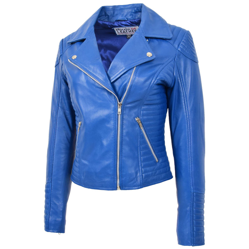 Womens Soft Leather Cross Zip Biker Jacket Anna Blue 3