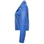 Womens Soft Leather Cross Zip Biker Jacket Anna Blue 4