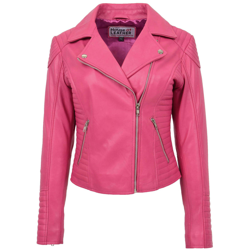 Womens Soft Leather Cross Zip Biker Jacket Anna Pink