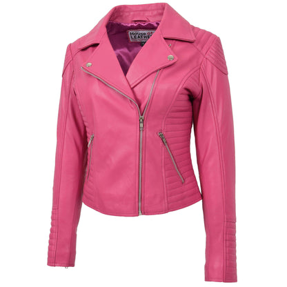 Womens Soft Leather Cross Zip Biker Jacket Anna Pink 3