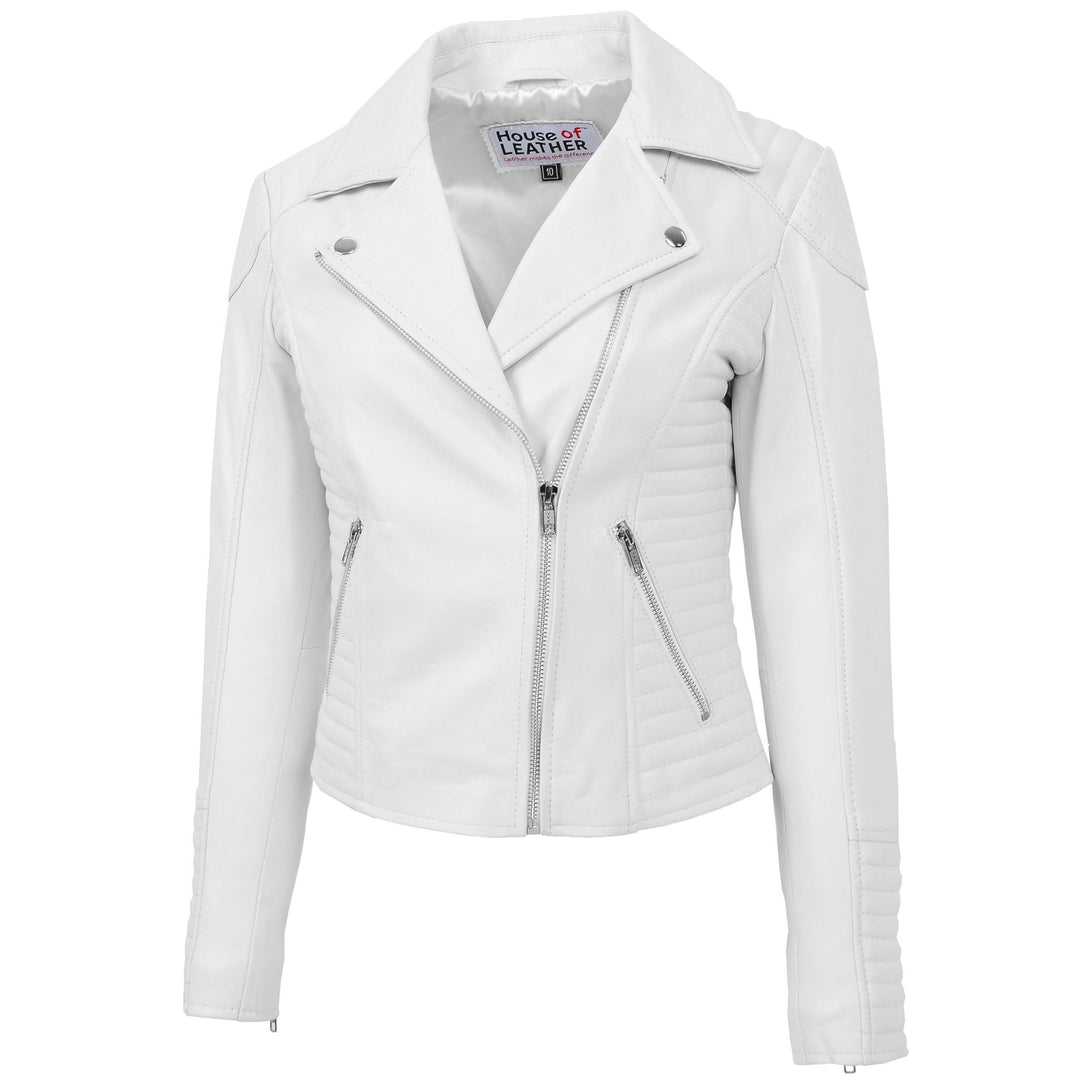 Womens Soft Leather Cross Zip Biker Jacket Anna White 2